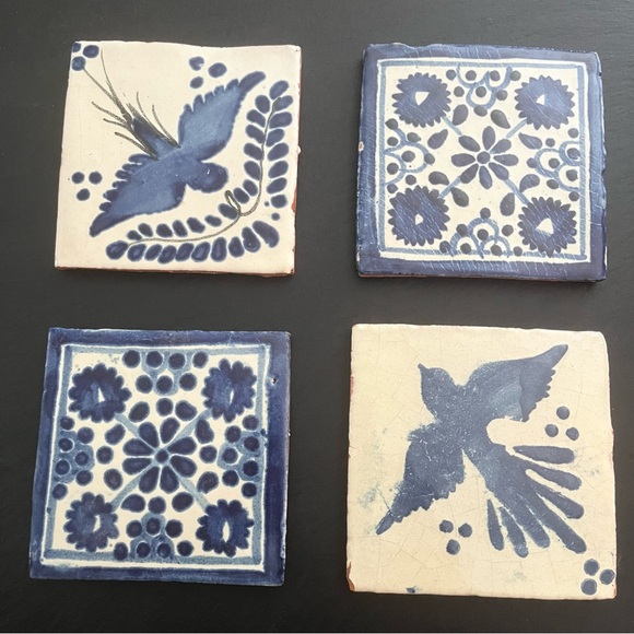 Mexican Hand Painted Terra-Cotta Talavera Vintage Tiles Set of 4 - Picture 1 of 15